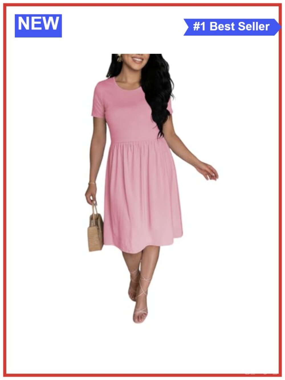 Ulovmi Womens Midi Dress Short Sleeve A-Line Crew Neck Pockets Summer